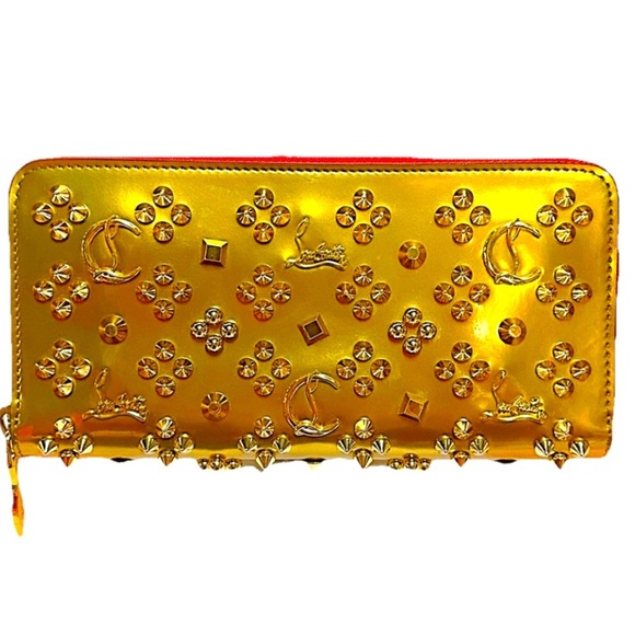 CHRISTIAN LOUBOUTIN Gold & Red Panettone Wallet w/ Metallic Embellishments NWT